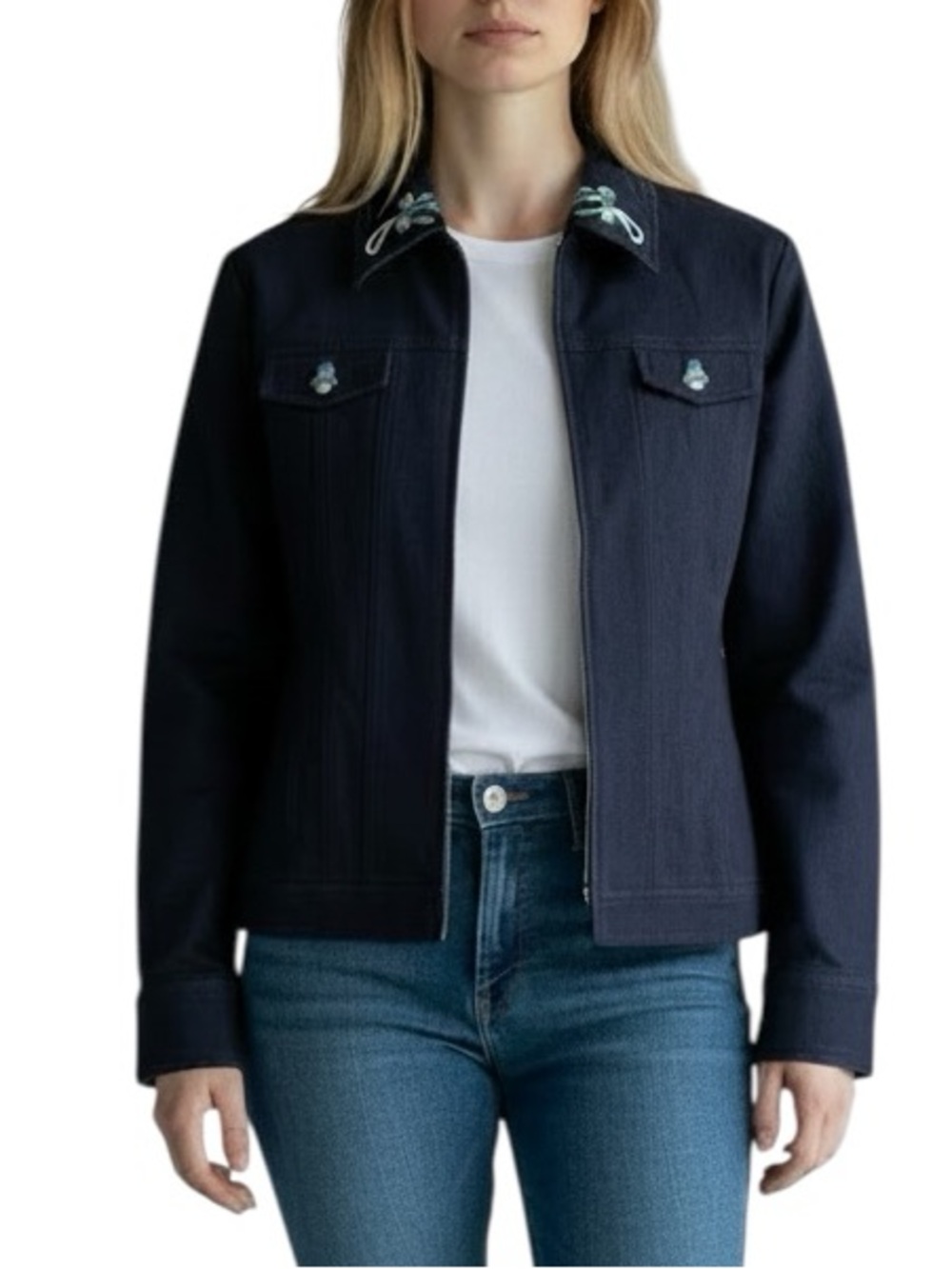 St. John Sport embroidered stretch denim zip up jacket Sz S excellent condition